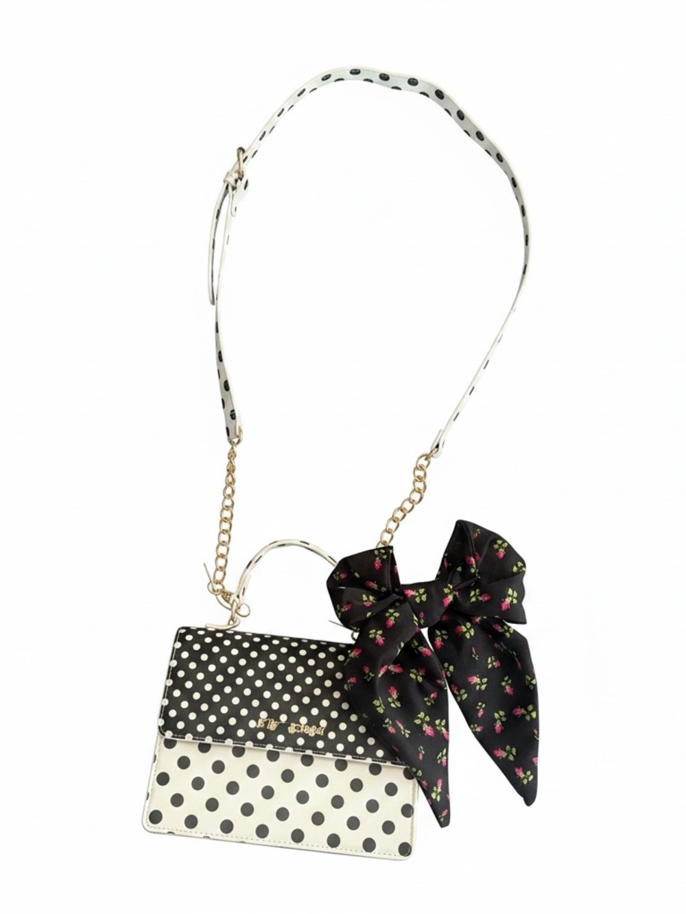 Betsy Johnson Polka Dot Crossbody Satchel in Black and White NWT - Picture 2 of 2
